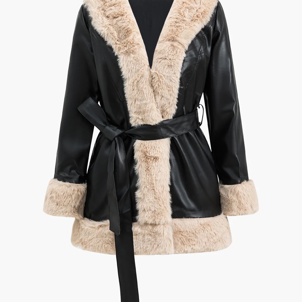 Black Faux Leather Coat with Fur Trim